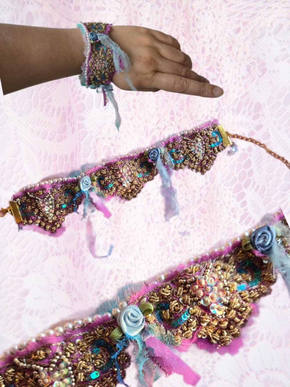 Handmade Pink Lilac and Lavender Shimmering Rework-Vtg. Embroidered Bracelet